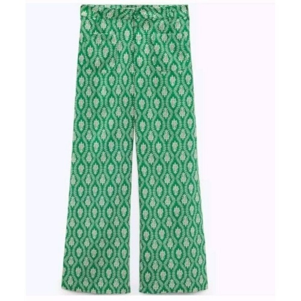 ZARA NEW WOMAN FLORAL COLLECTION PRINTED pants ECRU GREEN 3198 047 Small 15" Wai